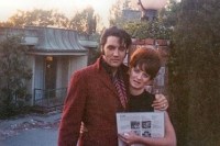 Elvis Presley outside of his house on Hillcrest in Beverly Hills, California