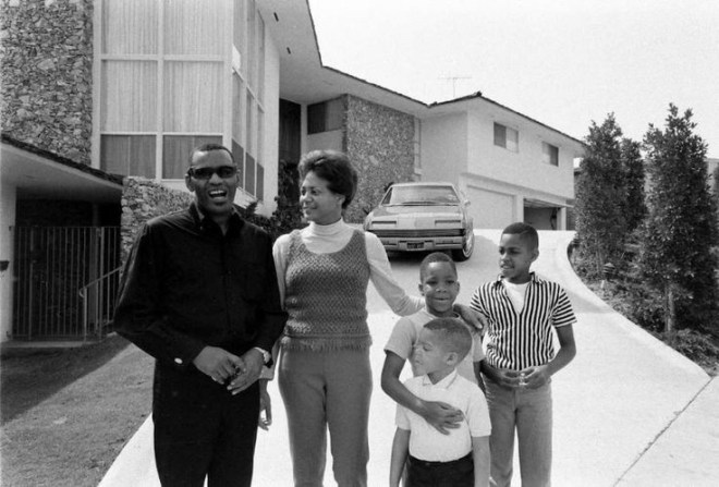 Ray Charles and family outside of their house - View Park/Windsor Hills, California - 1960s