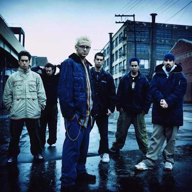 Hybrid Theory photoshoot by Linkin Park - Downtown Los Angeles, California - 2000. Chester Bennington, Mike Shinoda, Brad Delson, Dave Farrell, Joe Hahn, Rob Bourdon - Original photo by Natalia Mac