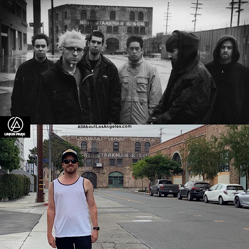Hybrid Theory photoshoot by Linkin Park - Downtown Los Angeles, California - 2000. Chester Bennington, Mike Shinoda, Brad Delson, Dave Farrell, Joe Hahn, Rob Bourdon - Original photo by Natalia Mac